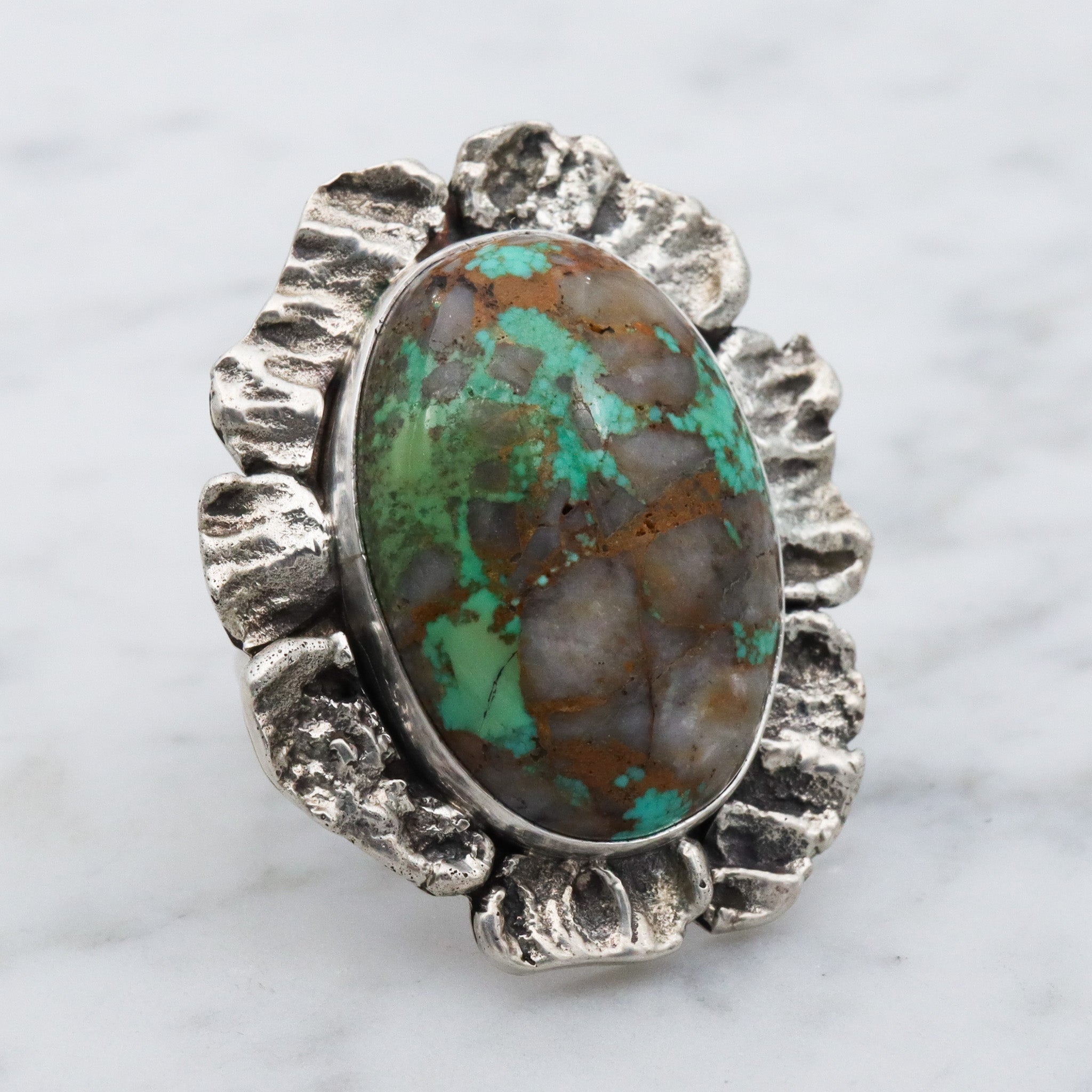 Vintage Navajo Brutalist sterling silver & turquoise ring by Ronald Tom, sz 8